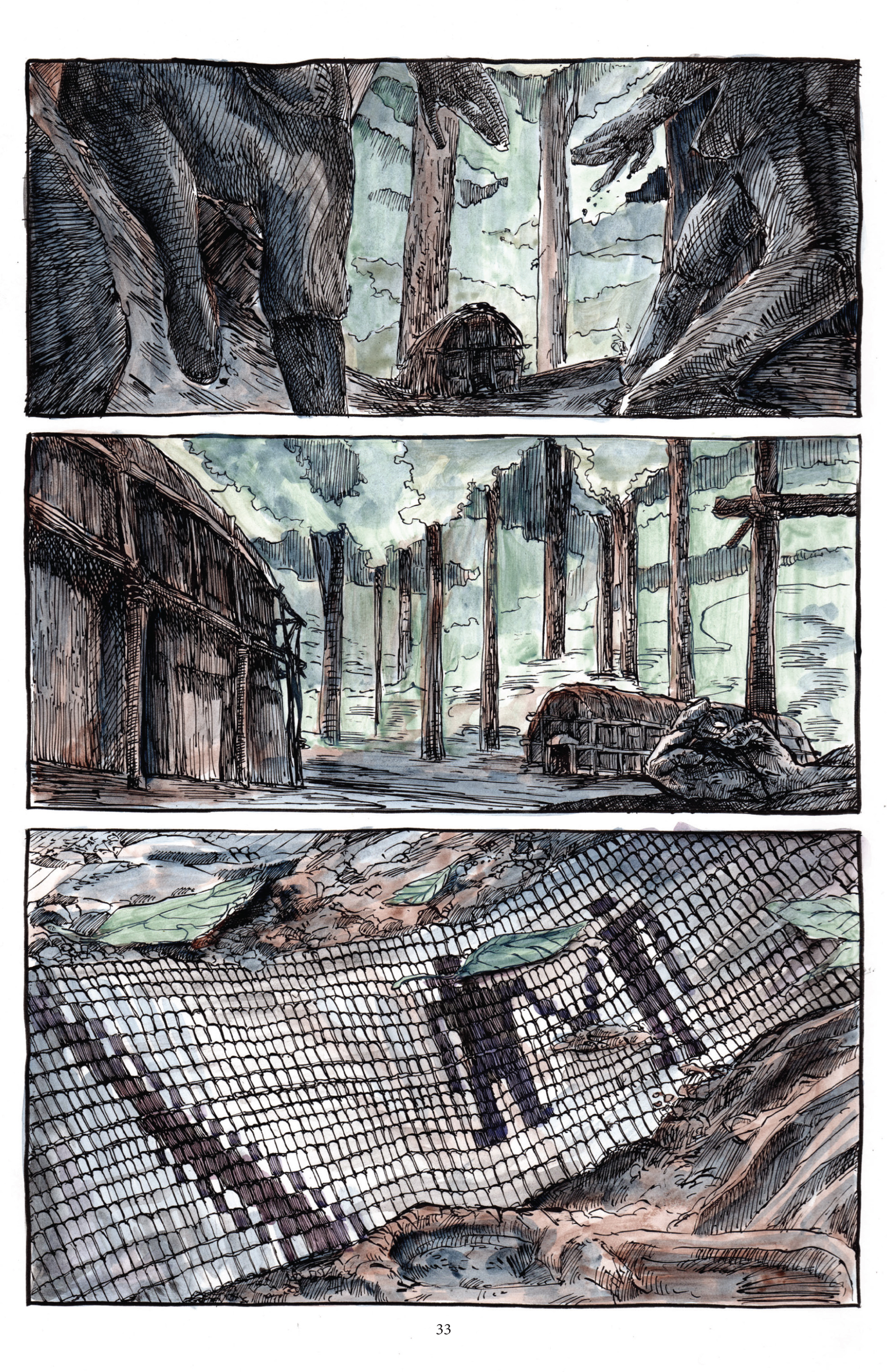 Three panels. Similar to page 20 in reverse. The shadows recede, like smoke, as the village lays in ruins.  Panel One. Full black.  Panel Two. The shadows recede to show the village, still quiet as before, but there are elements of violence, small pieces, like a hand in a doorway or a mark of blood.  Panel Three. We see the village, still and dead. The wampum belt rests in the ashes.