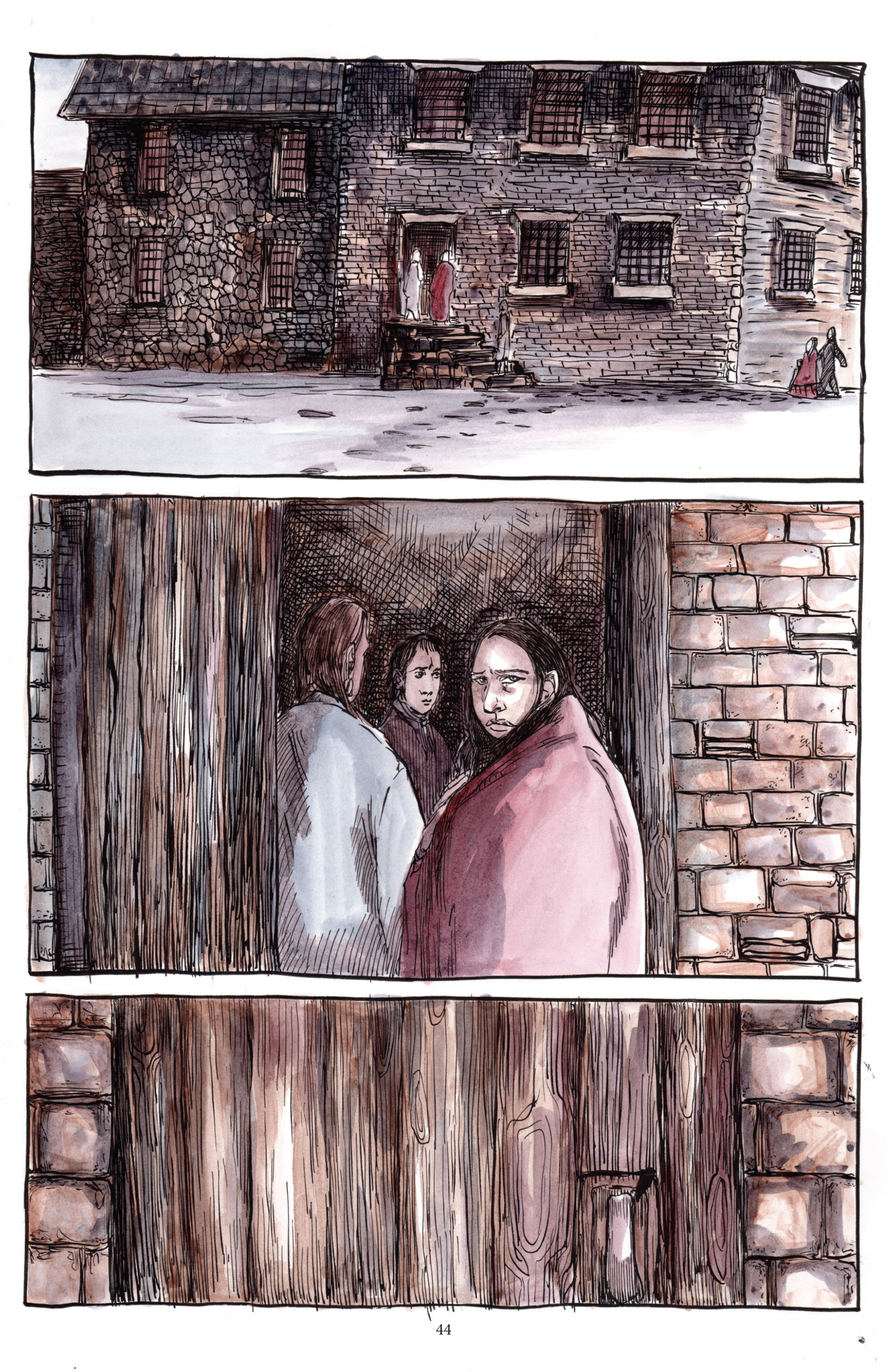 Three panels.  Panel One. The last of the group is ushered into the Workhouse.  Panel Two. From the doorway we can see their faces. Sad, frightened, this will be the last time they see the outside.  Panel Three. The door closes on them.