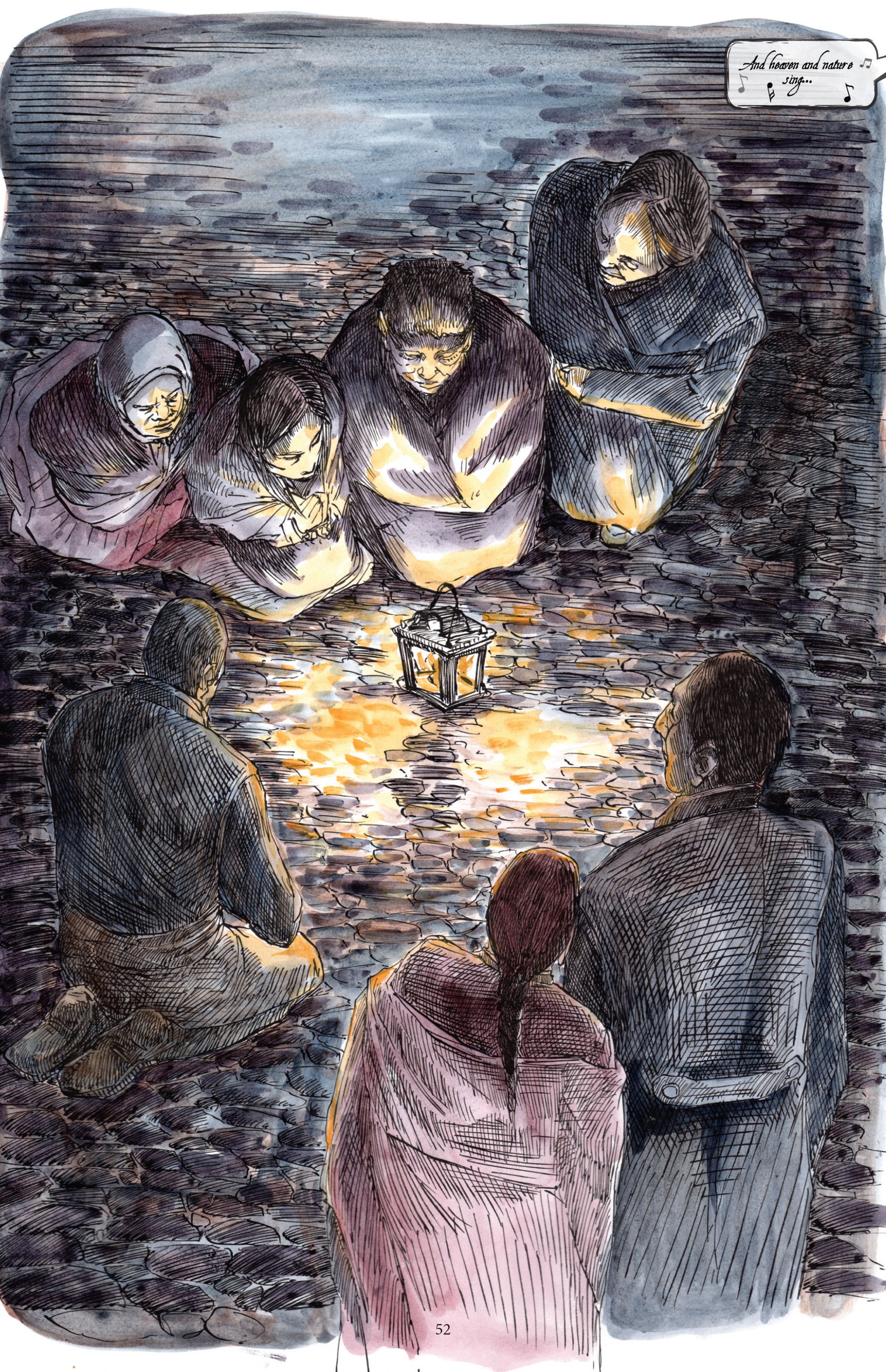 Splash page.  They all gather to pray as the singing continues.  FROM OFF (SINGING), 