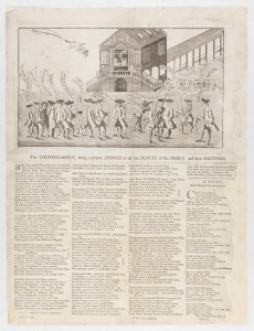 David James Dove, The Counter-Medley (Philadelphia, 1765). The Library Company of Philadelphia. In this pro-Paxton cartoon, Dove answers Hunt and assails Franklin by depicting him as an "agent" of the Devil (bottom center). A Paxtonian character on horseback remarks, "March on brave Germantonians," framing the 1764 election as an electoral equivalent of the Paxton march.