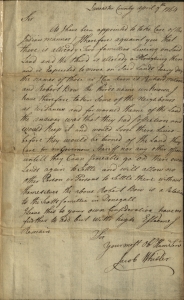 Jacob Whistler, Letter to William Peters (Lancaster, April 9, 1764). Pennsylvania State Archives. Jacob Whistler, the caretaker of Conestoga Manor, records families settling where the Conestogas resided just three months earlier. Whistler notes that at least one of the families bears relation to the Paxton murderers. "As I have been appointed to take Care of Indian [Manor] I therefore [acquaint] you that there [are] already two families living on said Land and the third is already a Ploughing there and is Expected to move on said Lands…I have therefore taken some of the [neighbors] as [Evidence] and [warned] them of the Land the answer was that they had Possession and would keep it and would [lose their] Lives before they would be turned [off] the Land they Care for no [Governor], Sheriff, nor any other officer."